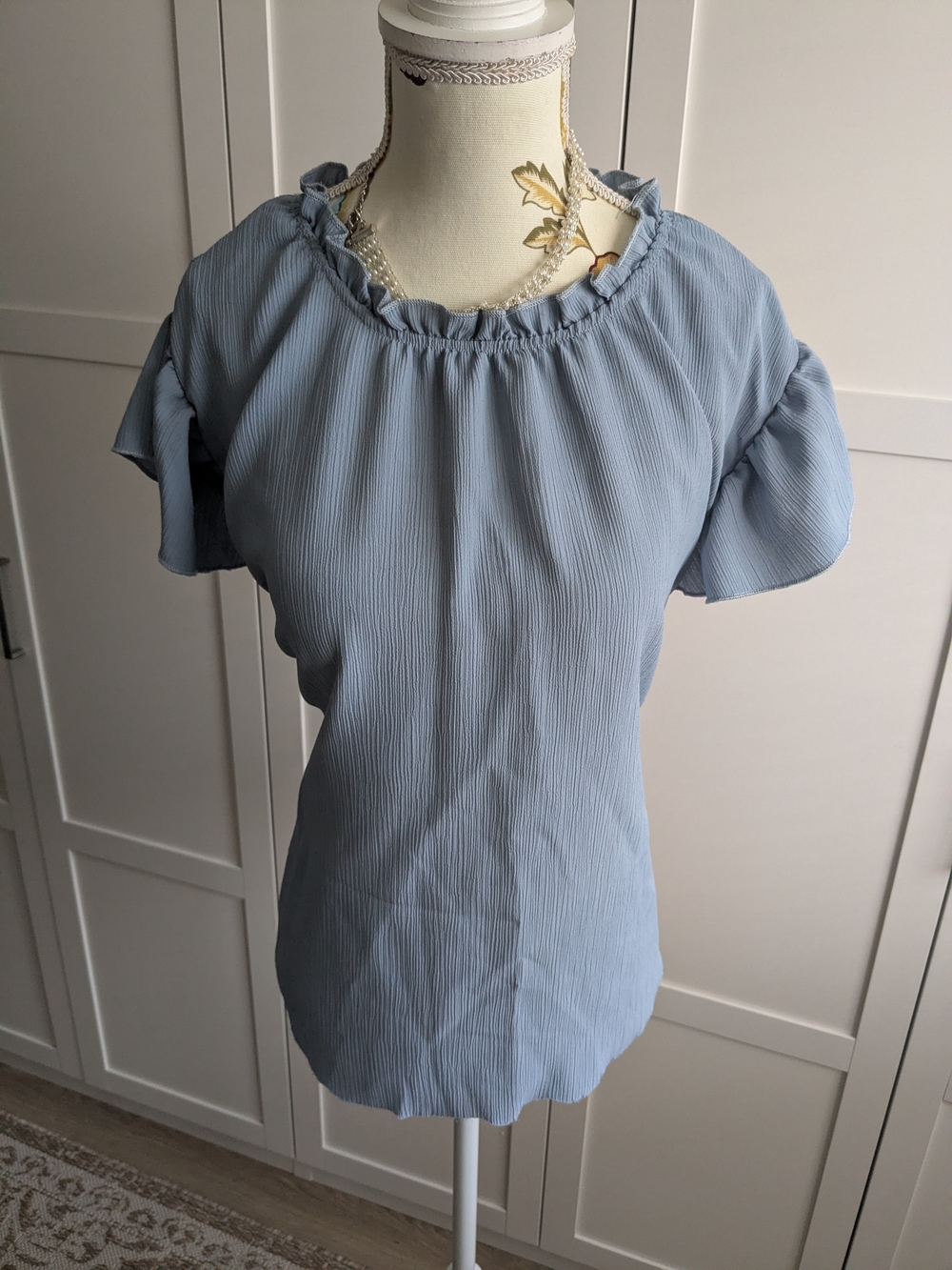 BloomChic Light Blue Ruffle Neck Short Sleeve Blouse